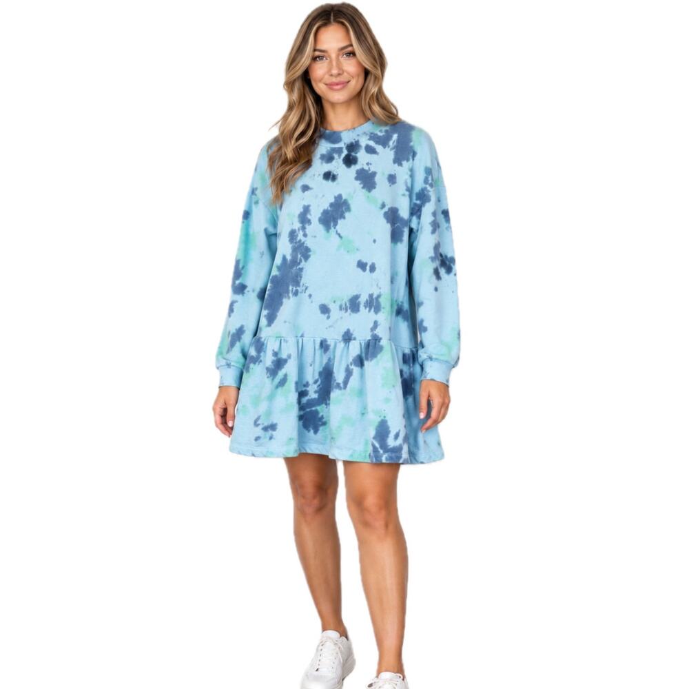 Stitch & Pine Tie Dye Sweatshirt Dress Blue Drop Waist Babydoll Long Sleeve LG